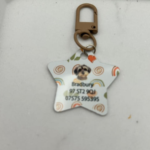 Personalised Pet Tag featuring custom Water colour illustration and coloured clip.