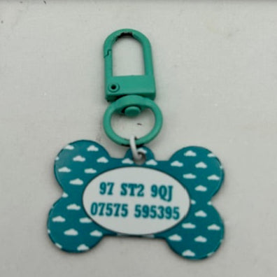 Personalised Pet Tag featuring custom cartoon dog illustration with coloured clip