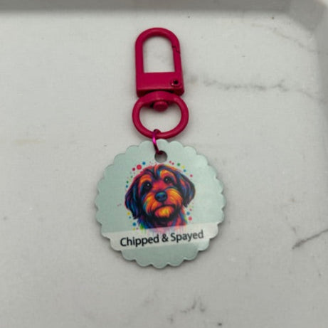 Personalised Pet Tag featuring custom Neon pop art dog illustration with coloured clip