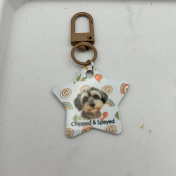 Personalised Pet Tag featuring custom water colour dog illustration with coloured clip