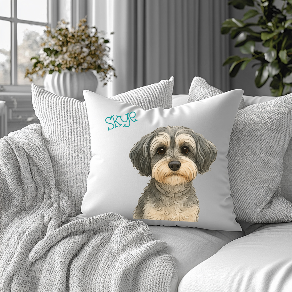 Decorative pillow with a dog illustration and 'name' text on a couch.
