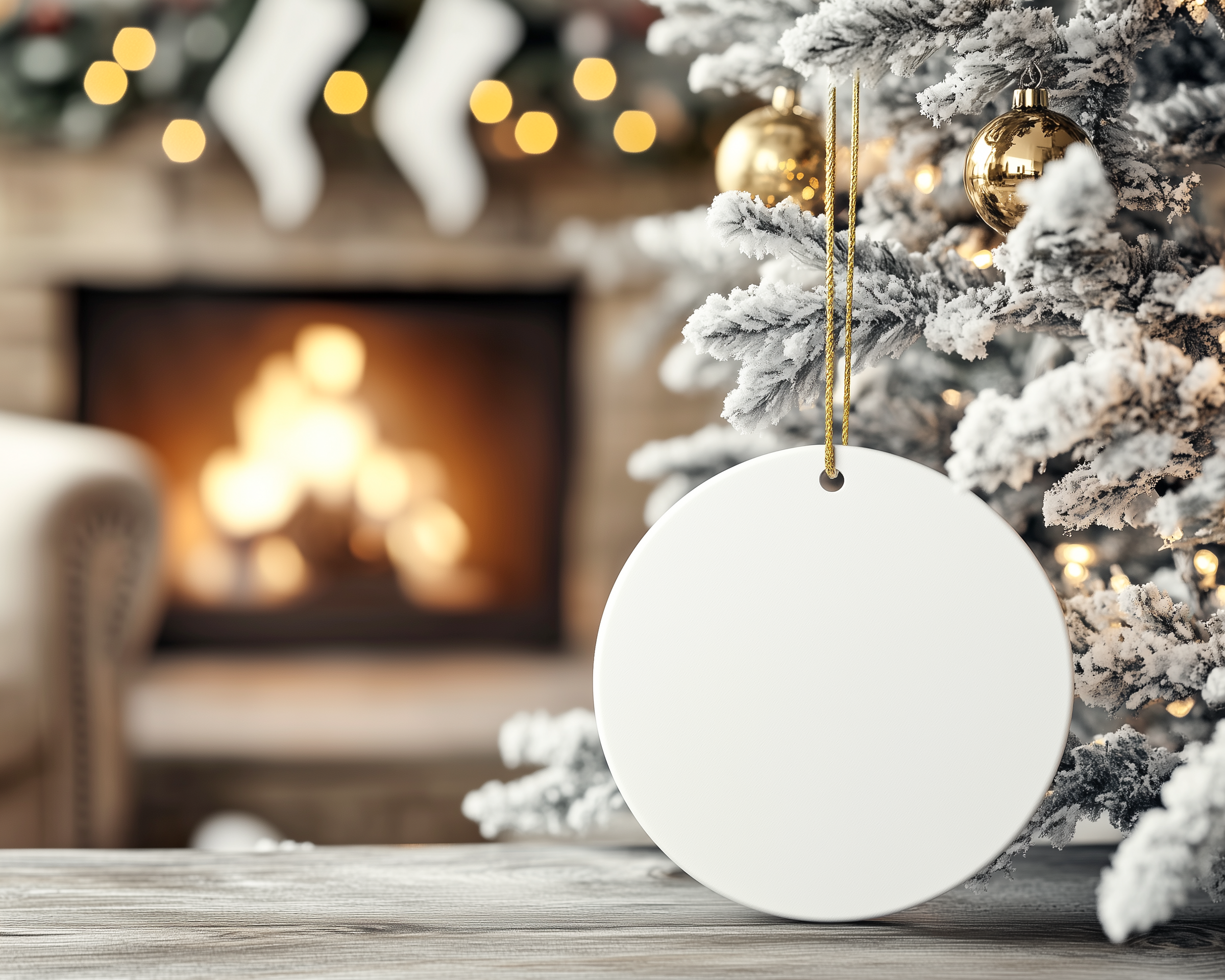 White ornament on a Christmas tree with a fireplace in the background