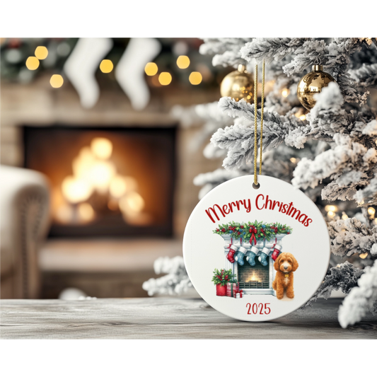 Christmas ornament with 'Merry Christmas' and a dog in front of a fireplace, placed on a table with a decorated tree and fireplace in the background.
