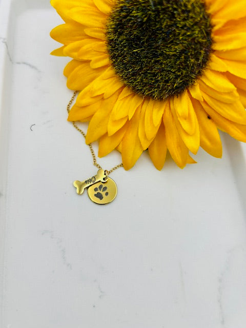 Personalised Dog Paw Print Necklace with Name Bone Tag