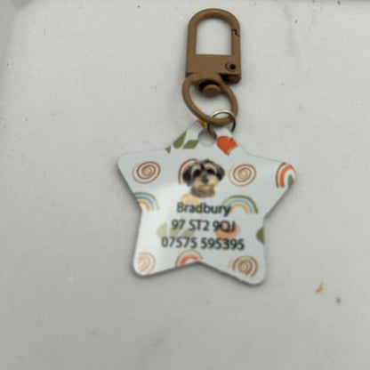 Personalised Pet Tag featuring custom Water colour illustration and coloured clip.