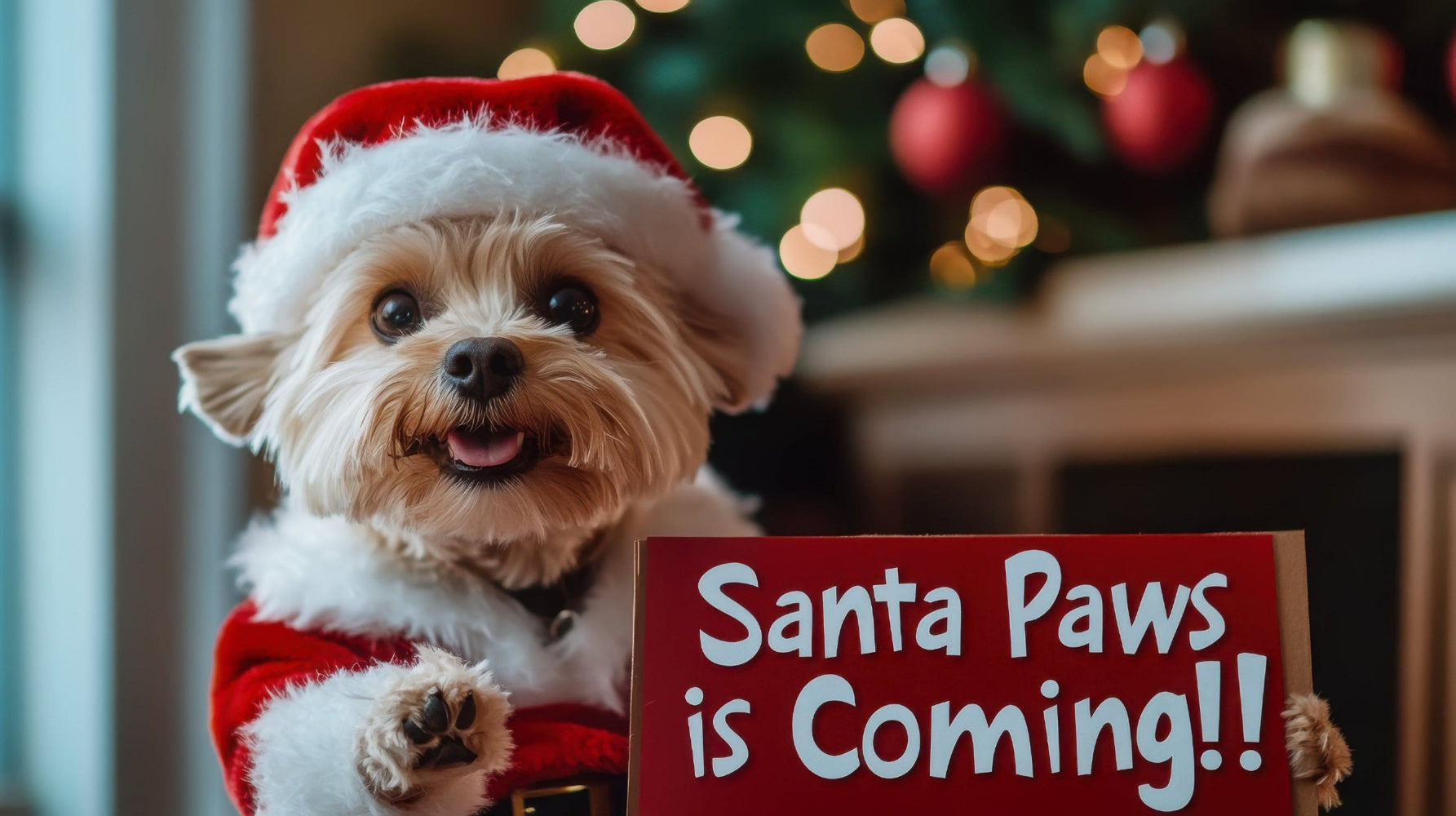 Dog wearing a Santa outfit holding a sign with 'Santa Paws is Coming!!' text, Christmas tree in the background