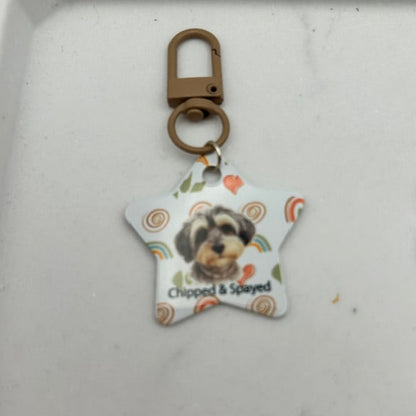 Personalised Pet Tag featuring custom water colour dog illustration with  coloured clip